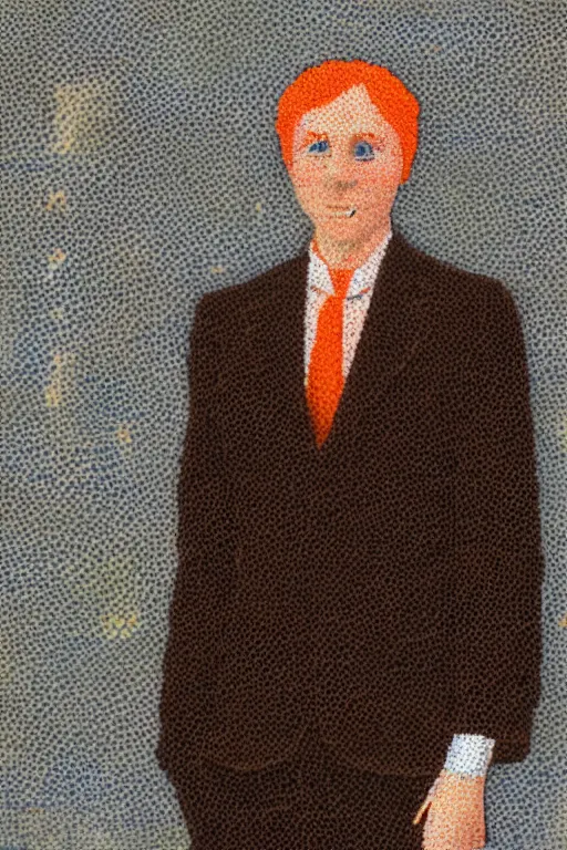 Prompt: a scene depicting a orange haired character wearing a suit made from linen and transparent plastic, pointillism, super detailed, soft light