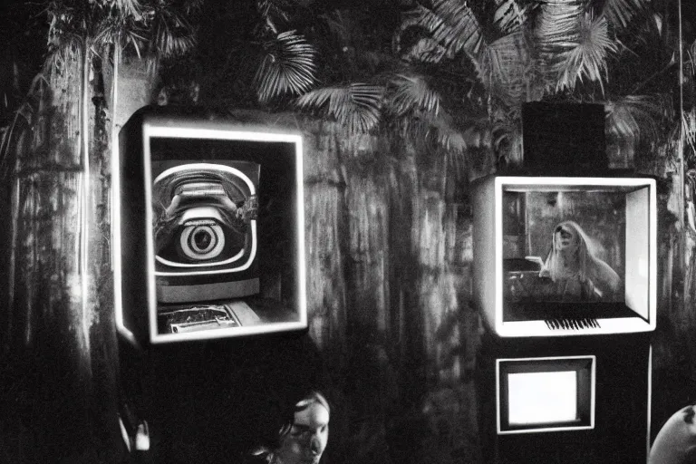 Prompt: robot staring at her reflection in a mirrored monolith, from 1977, in a tiki bar, volumetric lighting, surrounded by crt monitors, low-light photograph, in the style of jack bridgeland