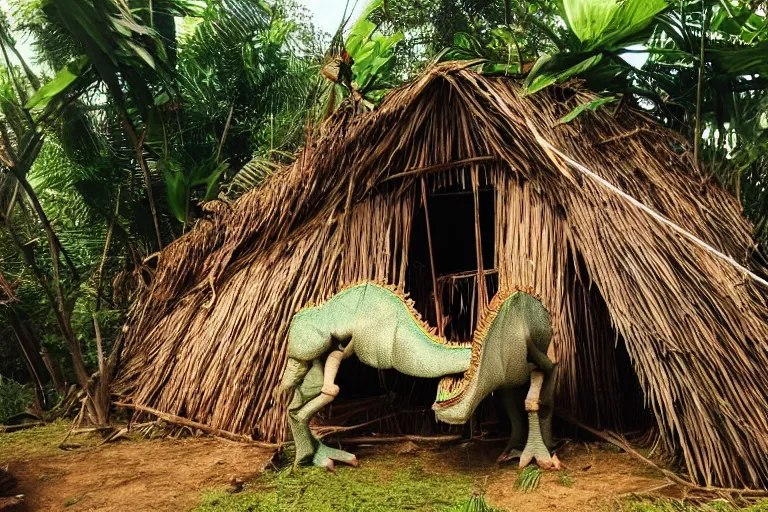 Prompt: 4 meter tall unknown living herbivore dinosaur destroying hut by eating the straw roof in a small jungle settlement, shaky grainy amateur photos by witnesses