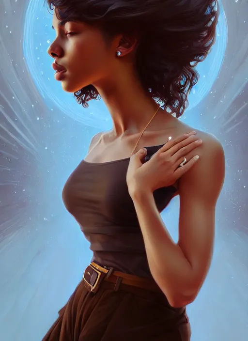 Image similar to handsome young black women with shoulder length brown hair, half body shot, path traced, highly detailed, high quality, digital painting, alena aenami, lilia alvarado, shinji aramaki, karol bak, alphonse mucha, tom bagshaw