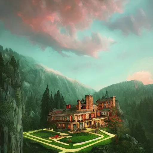 Prompt: a cozy mansion carved into a mountain side, big green trees, colorful clouds, dramatic lighting, artstation, matte painting, raphael lacoste, simon stalenhag, frank lloyd wright