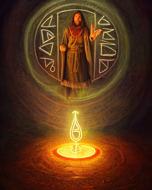 Prompt: photorealist painting of mage reciting an incantation and standing on glowing runes in the middle of dark room, high production value, intricate details, high resolution, hyperrealistic, hdr, high definition, masterpiece, ultra realistic, highly detailed, hd, sharp focus, non blurry, sharp, smooth