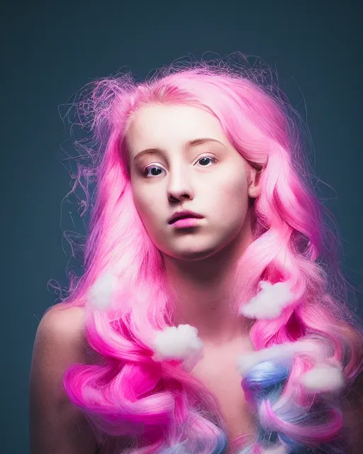 Image similar to a backlight dramatic lighting photo of a beautiful young woman with cotton candy hair. with a little bit of cyan and pink