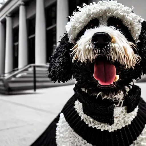 Image similar to a closeup photorealistic photograph of a cute smiling knitted bernedoodle judge dog dressed in a black gown, presiding over the courthouse. indoors, professional capture, well lit shot. this 4 k hd image is trending on artstation, featured on behance, well - rendered, extra crisp, features intricate detail, epic composition and the style of unreal engine.