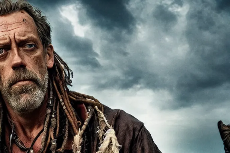 Prompt: promotional image of hugh laurie as a gritty pirate captain in the new Pirate of the Carribean movie, dark stormy weather, detailed face, movie still frame, promotional image, imax 70 mm footage