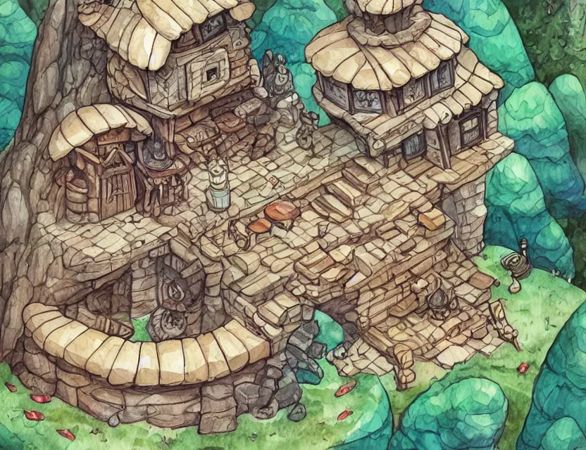 Prompt: cute and funny, a magicians cabin carved into a mountain, centered award winning watercolor pen illustration, isometric illustration by chihiro iwasaki, tiny details by artgerm and watercolor girl, sharply focused