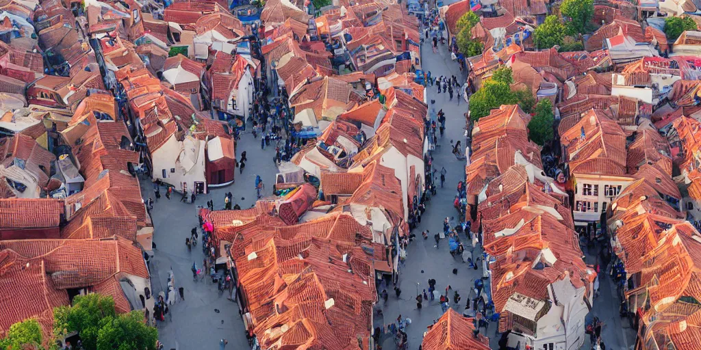 Image similar to Aerial perspective of a fantasy town winding narrow streets a multicolored marketplace full of people, red brick rooves and smoke from chimneys