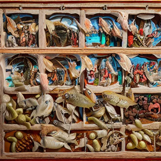 Prompt: Retablo del Mar (Altarpiece of the Sea). The most important work of Sebastian Miranda, depicts scenes of the populous fish market of Gijón, carved on a wooden board. Hyper detailed featured in artstation