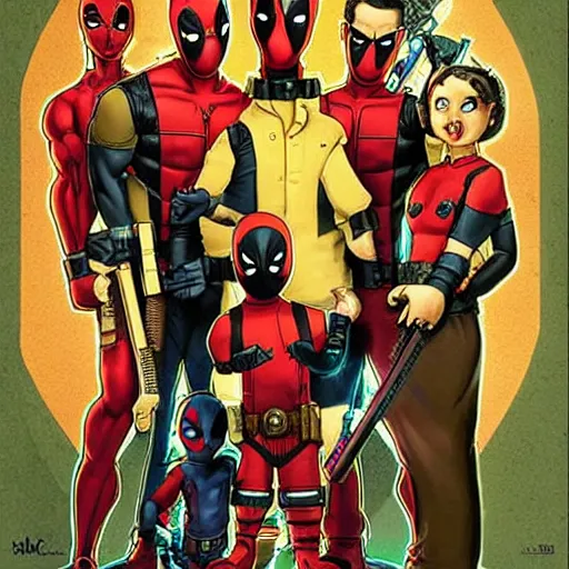 Prompt: a family photo of the deadpool twins and the nice matrix boys from down the street starring deadpool and the other guy from that show about deadpool by the artist michael hutter