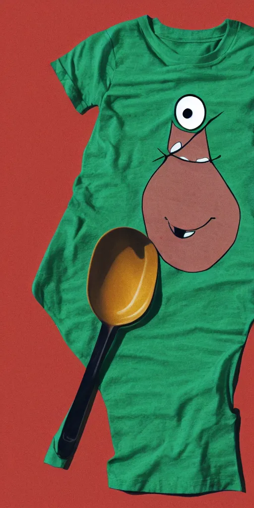 Image similar to catalog illustration of a spoon with eyes and a smile with a green tshirt on