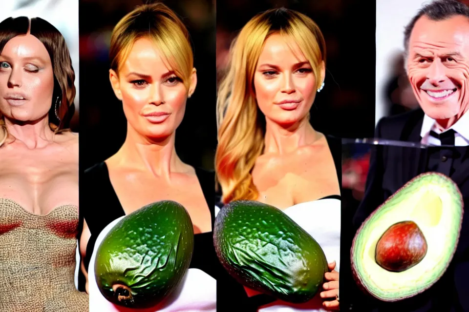 Image similar to bizarre celebrities on the red carpet rolling around in avocados