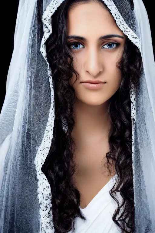 Prompt: young arab woman, blue eyes, long wavy black hair, white veil, closeup, focus face, colored, middle eastern