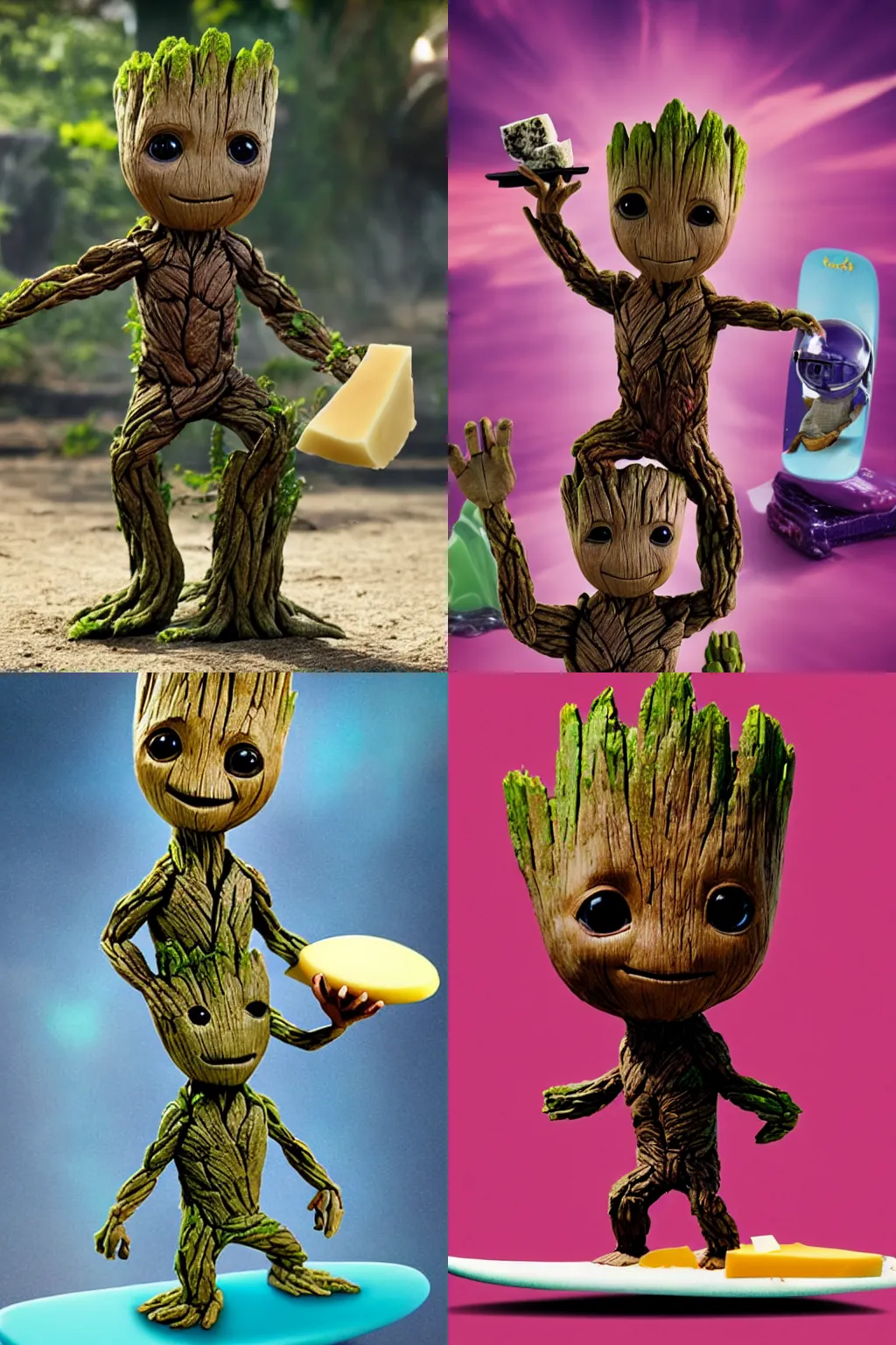 Prompt: little Groot is riding a surfboard shapes like a bar of purple soap, with a ball of cheese in his right hand, and a roll of electrical tape in his left hand, cinematic angle, poster style