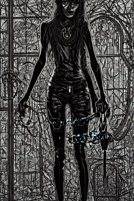 Image similar to dreamy gothic girl, black leather slim clothes, chains, chainsaw, beautiful slim body, detailed acrylic, grunge, intricate complexity, by dan mumford and by alberto giacometti, peter lindbergh