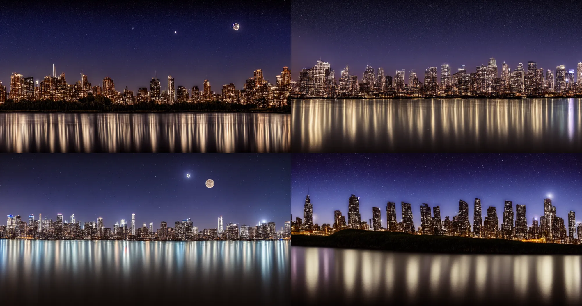 Prompt: city skyline at night stars and moon in sky water reflection 8k -long exposure