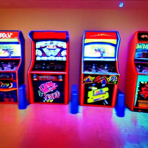 Prompt: beautiful fuzzy phonecamera photograph of an empty 9 0 s arcade