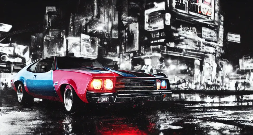 Prompt: close up macro shot of a 1 9 7 3 ford xb falcon gt car on wet city street at night, intricate, hyper detailed, smooth, high contrast, neon, volumetric lighting, octane, moebius, greg rutkowski, blade runner, ripley scott, cindmatic