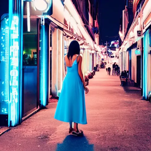 Prompt: a beautiful woman in a cyan dress standing on a bustling cyberpunk city street at night