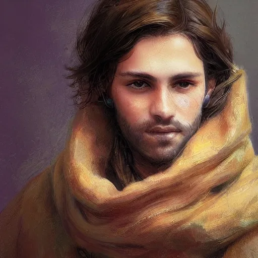 Image similar to colorful detailed portrait of a young shepherd with soft hair, brown hair, Greg Rutkowski