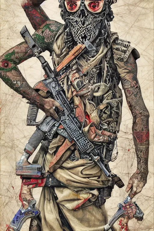 Prompt: taliban anarchy. symmetrical anatomy, very detailed design, complexity of the picture, with pop punk style, colorful, accompanied by body, pure image without duplication, dribble popular, drawn by ilya kushinov and vinicius gud and gustavo zambelli, intricate, ultra high definition, super scale rendered