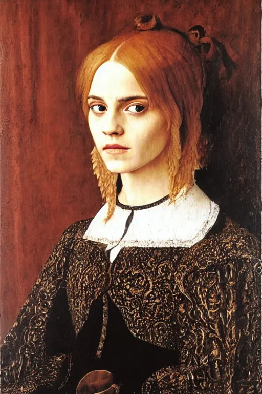 Prompt: portrait of emma watson, oil painting by jan van eyck, northern renaissance art, old masters, alla prima, realistic, expressive emotions, intricate textures, illusionistic detail