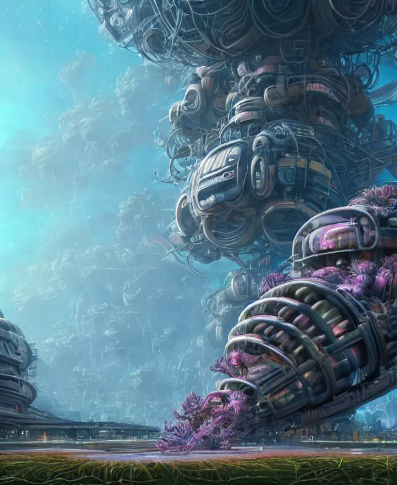 Image similar to a giant solid industrial plant made out of isopod wasp octopus, in the style of a strange exotic spaceship, overgrown with disturbing orchids, godbeams, partly cloudy, somber, dramatic lighting, by dan mumford, yusuke murata, makoto shinkai, ross tran, cinematic, unreal engine, cel shaded, featured on artstation, pixiv