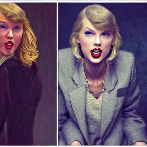 Image similar to by lya repin by simon stalenberg, photorealistic, expressionism, taylor swift cosplaying as joe biden