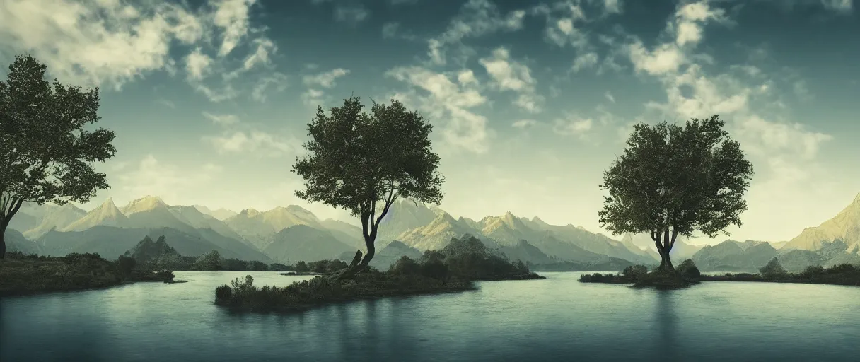 Prompt: realistic tree, mountains, river, landscape, photo, concept art, universe in the sky, cinematic lighting, 4k, wide angle, warm tones, Earth,