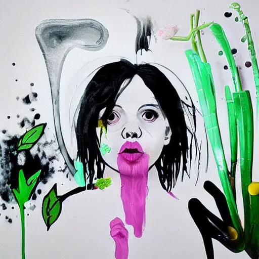 Image similar to “ a portrait in an emo piggirl ’ s apartment, sensual, a pig theme, art supplies, paint tubes, ikebana, herbs, a candle dripping white wax, black walls, squashed berries, berry juice drips, acrylic and spray paint and oilstick on canvas, surrealism, neoexpressionism ”