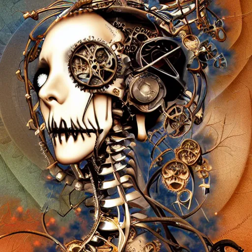 Prompt: surreal manga anime portrait girl skull of complex bio - mechanical beautiful young female skeletal cyborg with a mandelbrot fractal steampunk metal skull face, disney, retrofuturistic depressing, floral foliage, rococo, steampunk, 8 k