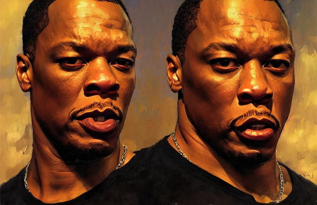 Image similar to portrait of dr dre!!!!!!!!!!!!!!!!!!!!!!!!!!!, detailed face, detailed painting,, epic lighting, by ilya repin, phil hale and kent williams