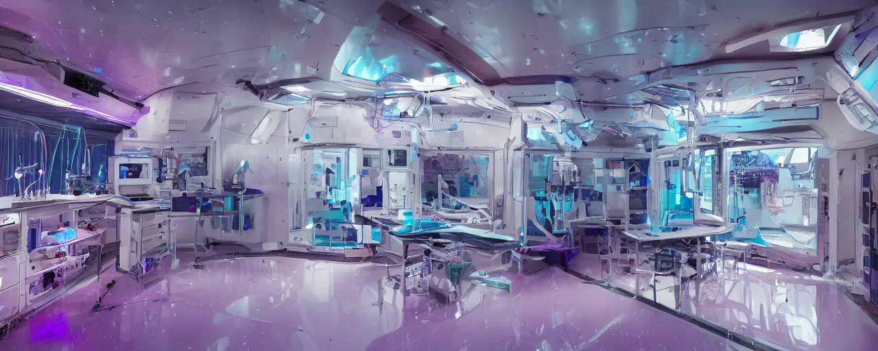 Prompt: Film still of a brightly lit white science lab on a space ship, metal, nebula in the window, purple and cyan lighting, water dripping, puddles, wet floor, Cinestill colour cinematography, anamorphic