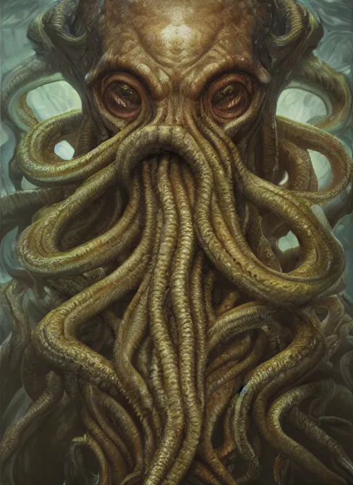 Image similar to portrait of cthulhu, hyper detailed, digital art, trending in artstation, cinematic lighting, studio quality, smooth render, unreal engine 5 rendered, octane rendered, art style by klimt and nixeu and ian sprigger and wlop and krenz cushart.