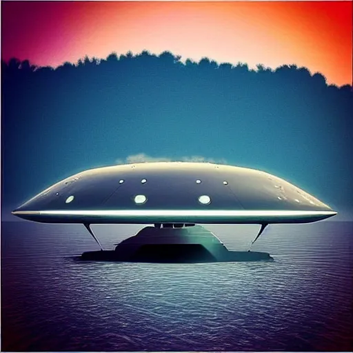 Prompt: “modern spaceship landing by a lake, cinematic”