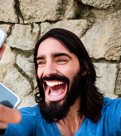 Prompt: Jesus taking a selfie. He is laughing. Professional photo