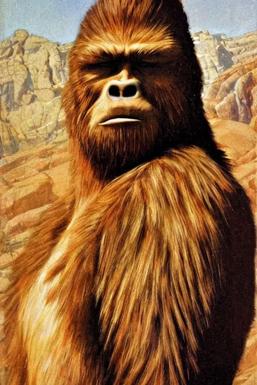 Image similar to a closer personal portrait of bigfoot with very piercing eyes, very charismatic. in the old west. masterpiece, dark. painted by norman rockwell and james gurney