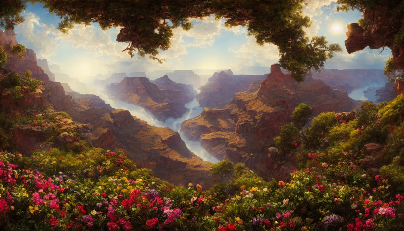 Prompt: An epic fantastic realism comic book style painting of the most beautiful flowers raining from the skies over the Grand Canyon, fisheye lens, painted by the Hudson River school, unreal 5, DAZ, hyperrealistic, octane render, dynamic lighting