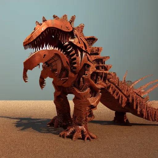 Prompt: a t-rex made out of rusty gears, octane render, 3D