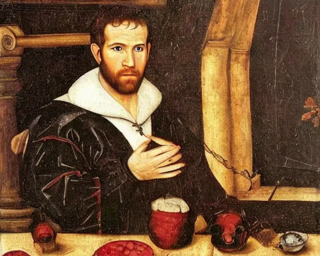 Prompt: a 1 6 th century medieval oil painting of ryan reynolds, c. 1 5 3 2