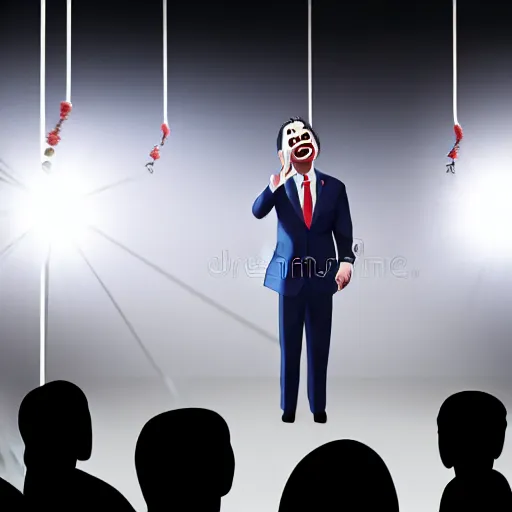 Image similar to a realistic illustration photo from the backstage of a politician giving a speach to a crowd in a theather, theres are strings attached to the politician being controled by a creature in the shadows laughing mischievously, people don't seme to notice an cherish the spaeker, wide lens, volumetric lighting,