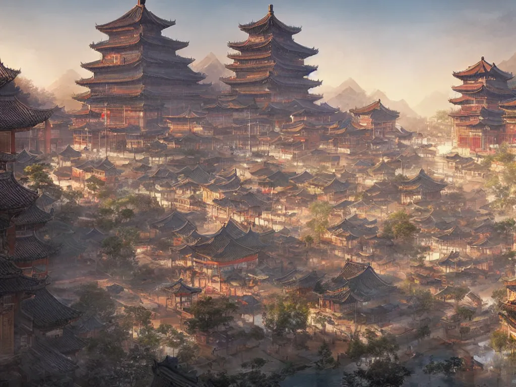 Prompt: ancient chinese city viewed from harbor, d & d digital painting, ultra realistic, beautiful, volumetric lighting, warm colors advance, cell shading, by james jean, greg rutkowski, yoann lossell, raphael lacoste