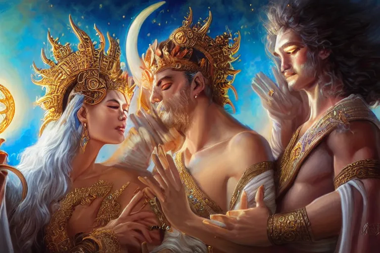 Image similar to close up moment of a divine a sun god and a moon goddess lovers magician at a wedding banquet, highly detailed, d & d, fantasy, highly detailed, digital painting, trending on artstation, concept art, sharp focus, asian feature, illustration, art by artgerm and daniel gerhartz and magali villeneuve