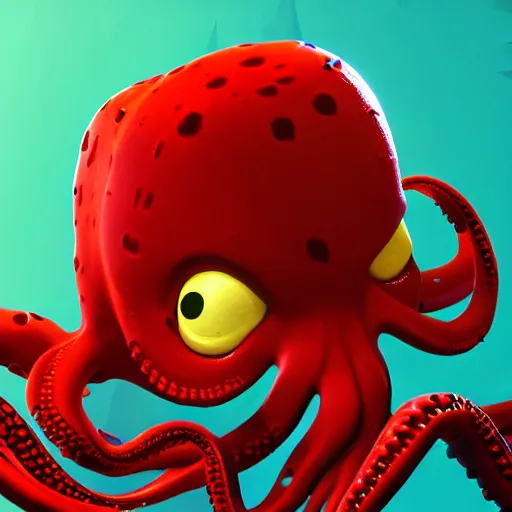 Image similar to portrait of red octopus, sly, cunning, blue background, pixar style animation 3d extremely gloomy lighting, atmospheric, cinematic, detailed illustration unreal Engine, 8K