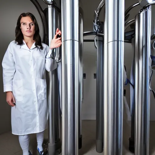 Prompt: Full body portrait of a frightened woman trapped in a giant test tube surrounded by giant lab equipment