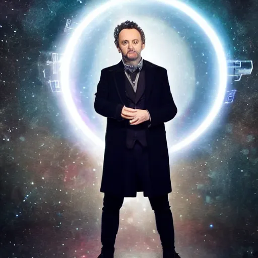 Image similar to a beautiful full body photograph of michael sheen as'doctor who ', time vortex in the background, detailed face, symmetrical face, extreme realism and detail, 8 k, completely framed, direct lighting, 3 5 mm photo, photorealistic, sharp focus