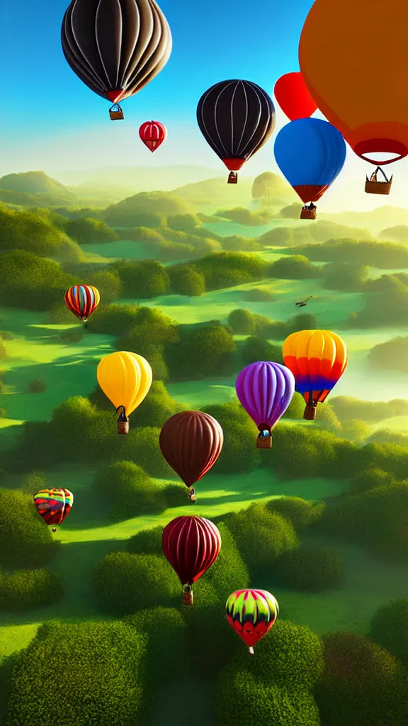 Image similar to large colorful balloons with people on rope swings underneath, flying high over the beautiful countryside landscape, professional painting, realistic, detailed, digital art, unreal engine