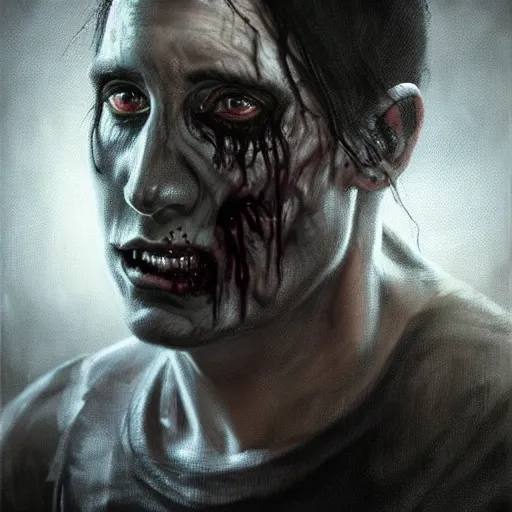 Image similar to color portrait of young and handsome zombie trent reznor from nin as a zombie with shoulder length hair, 7 days to die zombie, gritty background, fine art, award winning, intricate, elegant, sharp focus, cinematic lighting, digital painting, 8 k concept art, art by brom, art by guweiz and z. w. gu, art by michael hussar, 8 k