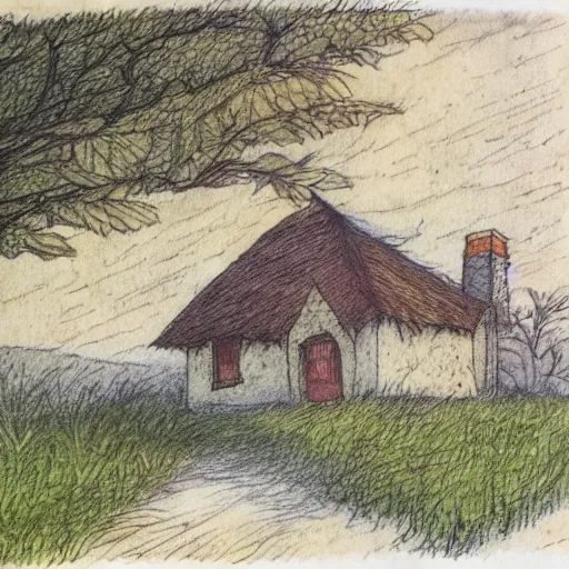 Image similar to a colored ink illustration of a humble cottage, drawn on white parchment paper, vibe, atmosphere, detailed, muted colors, by greg rutowski and ryan berkley