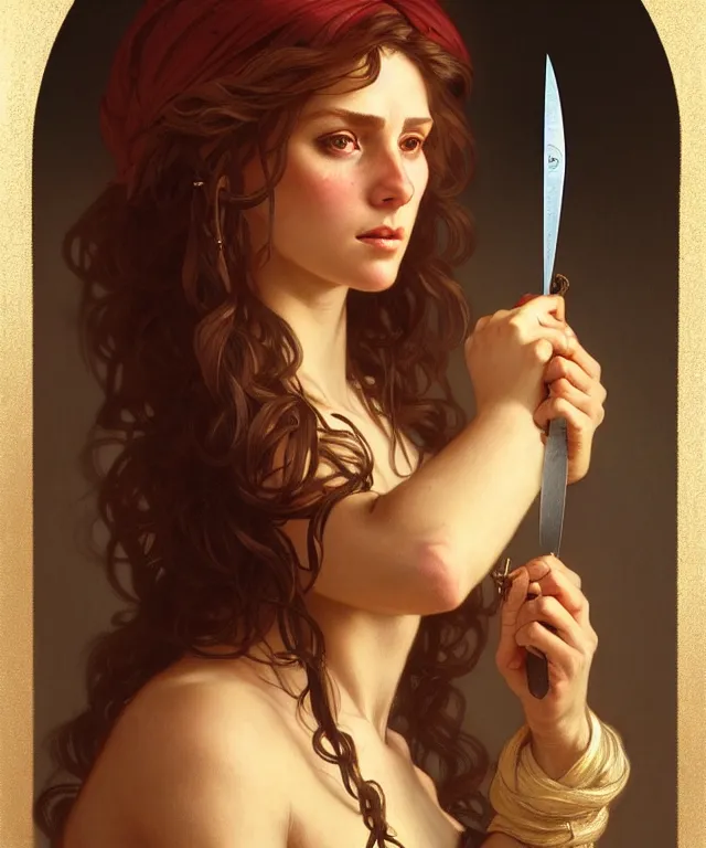 Prompt: portrait of biblical delilah holding a lock of hair and medieval shear scissors, intricate, headshot, highly detailed, digital painting, artstation, concept art, sharp focus, cinematic lighting, illustration, art by artgerm and greg rutkowski, alphonse mucha, cgsociety