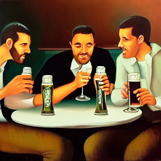 Prompt: three young men enjoying fernet branca and beer at a local pub, painting